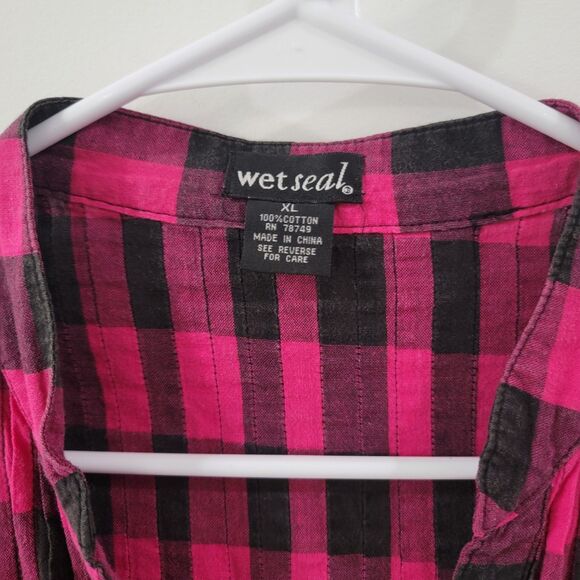 Y2K Vintage Wet Seal Womens Button Up Top Size XL Hot Pink Plaid Babydoll - Picture 4 of 6